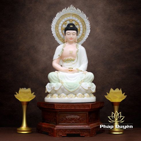 Tượng Phật Thích Ca Mâu Ni Ngồi Đài Sen Có Lá Đề, Bằng Bột Đá Cẩm Thạch Màu Thiên Thanh, Cao 40-66cm - ảnh 11
