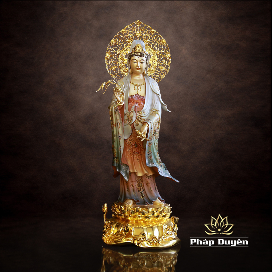 Tượng Quan Âm Đứng, Chất Liệu Đồng, Sơn Vẽ Gấm, Cao 66cm (Tổng Lá Đề 78cm) - ảnh 5