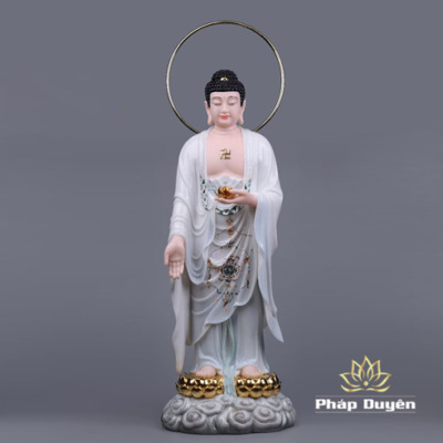 Alternative view of Bộ Tượng Tây Phương Tam Thánh Đứng Đài Sen Mạ Vàng Có Hào Quang,  Bằng Bột Đá, Nhiều Kích Thước