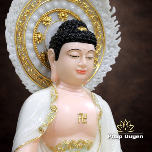 Tượng Phật Thích Ca Mâu Ni Ngồi Đài Sen Có Lá Đề, Bằng Bột Đá Cẩm Thạch Màu Thiên Thanh, Cao 40-66cm - ảnh 13