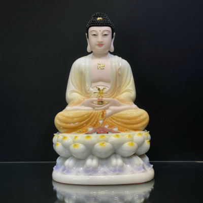 Tượng Phật Dược Sư Ngồi, Bột Đá Sơn Đế Sen Trắng Ghi, Cao 48cm