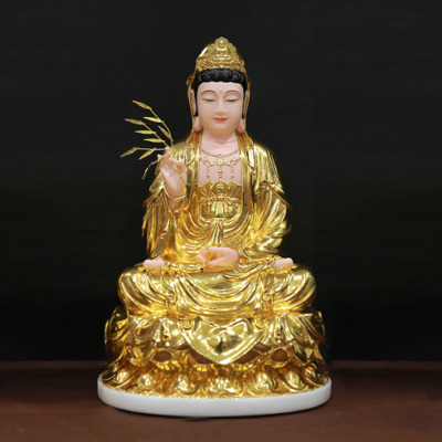 Tượng Quan Âm Ngồi Đài Sen, Bằng Bột Đá Dát Vàng, Cao 40cm