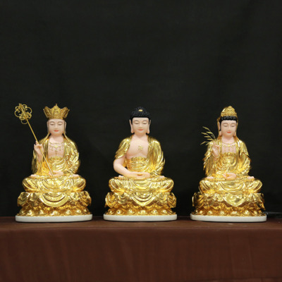 Bộ Tượng Ta Bà Tam Thánh Ngồi Đài Sen Bằng Bột Đá Dát Vàng 998, Cao 40cm