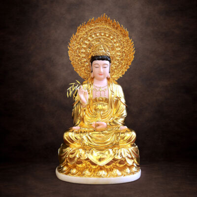 Tượng Quan Âm Bồ Tát Ngồi Đế Sen Bằng Bột Đá Dát Vàng 998, Cao 40cm (Tổng lá đề Cao 51cm)