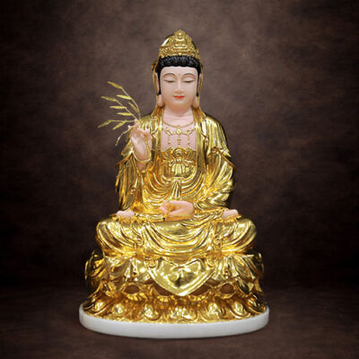 Tượng Quan Âm Ngồi Đài Sen, Bằng Bột Đá Dát Vàng, Cao 40cm
