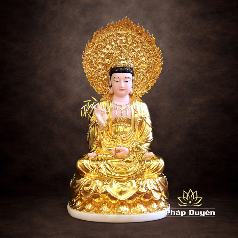 Tượng Quan Âm Bồ Tát Ngồi Đế Sen Bằng Bột Đá Dát Vàng 998, Cao 40cm (Tổng lá đề Cao 51cm) - ảnh 5