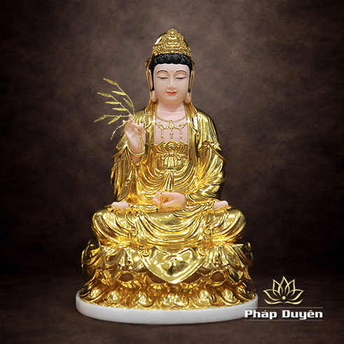 Tượng Quan Âm Ngồi Đài Sen, Bằng Bột Đá Dát Vàng, Cao 40cm - ảnh 5
