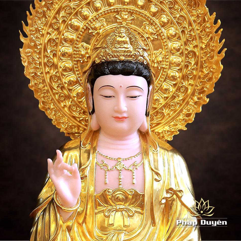 Tượng Quan Âm Bồ Tát Ngồi Đế Sen Bằng Bột Đá Dát Vàng 998, Cao 40cm (Tổng lá đề Cao 51cm) - ảnh 6