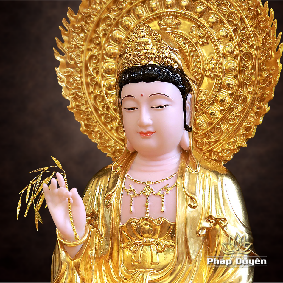 Tượng Quan Âm Bồ Tát Ngồi Đế Sen Bằng Bột Đá Dát Vàng 998, Cao 40cm (Tổng lá đề Cao 51cm) - ảnh 7