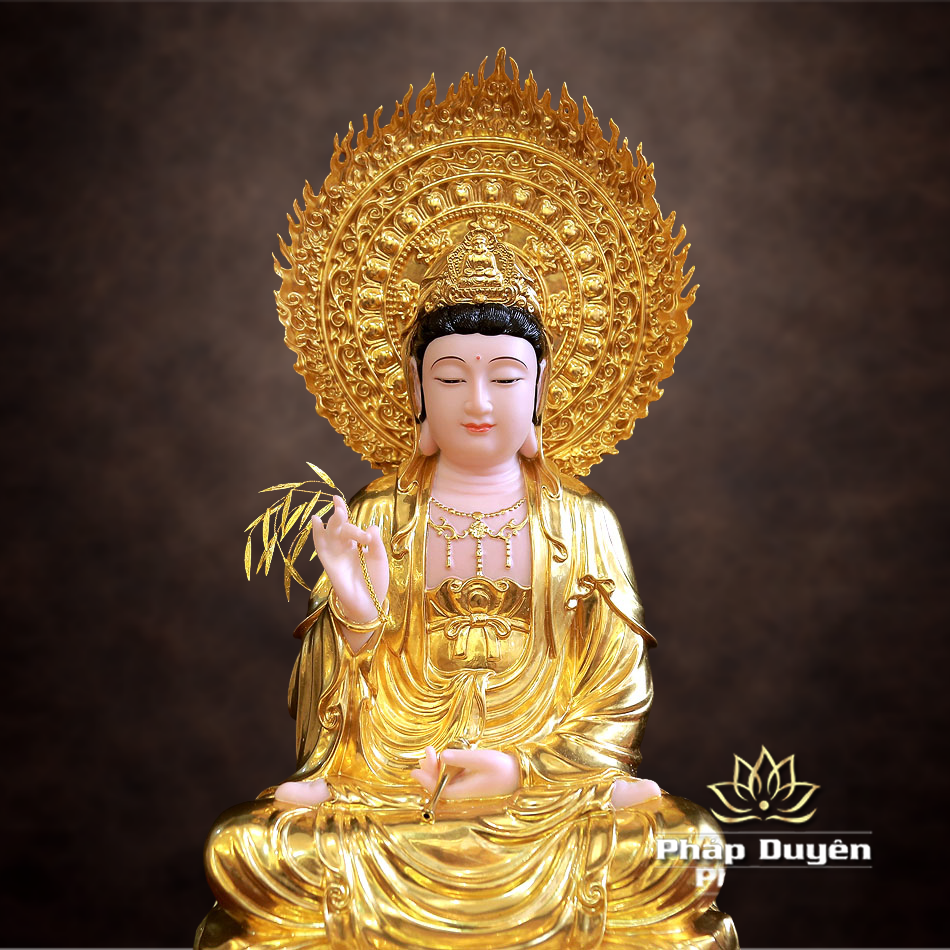 Tượng Quan Âm Bồ Tát Ngồi Đế Sen Bằng Bột Đá Dát Vàng 998, Cao 40cm (Tổng lá đề Cao 51cm) - ảnh 8