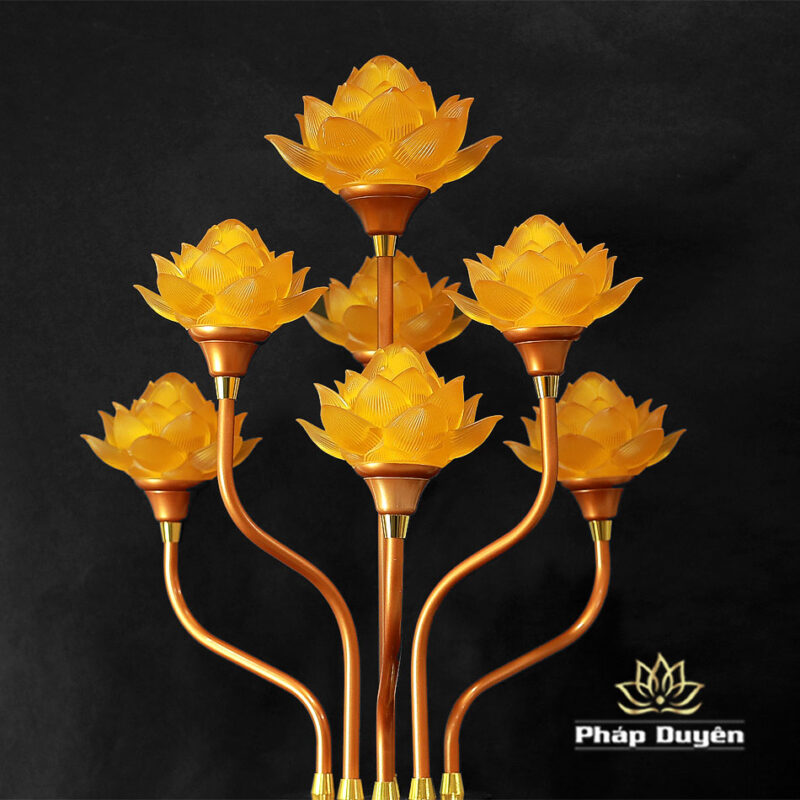 Đôi Đèn Thịnh Thế Hoa Khai 7 bông Thuỷ Lưu Ly Vàng Nở, Thân Đỏ Đèn Vàng, Cao 80cm, Ngang 46cm - Ảnh 5