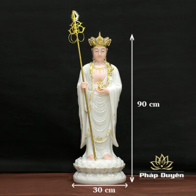 Tượng Địa Tạng Đứng Bằng Bột Đá Trắng Viền Vàng, Cao 66cm, 90cm