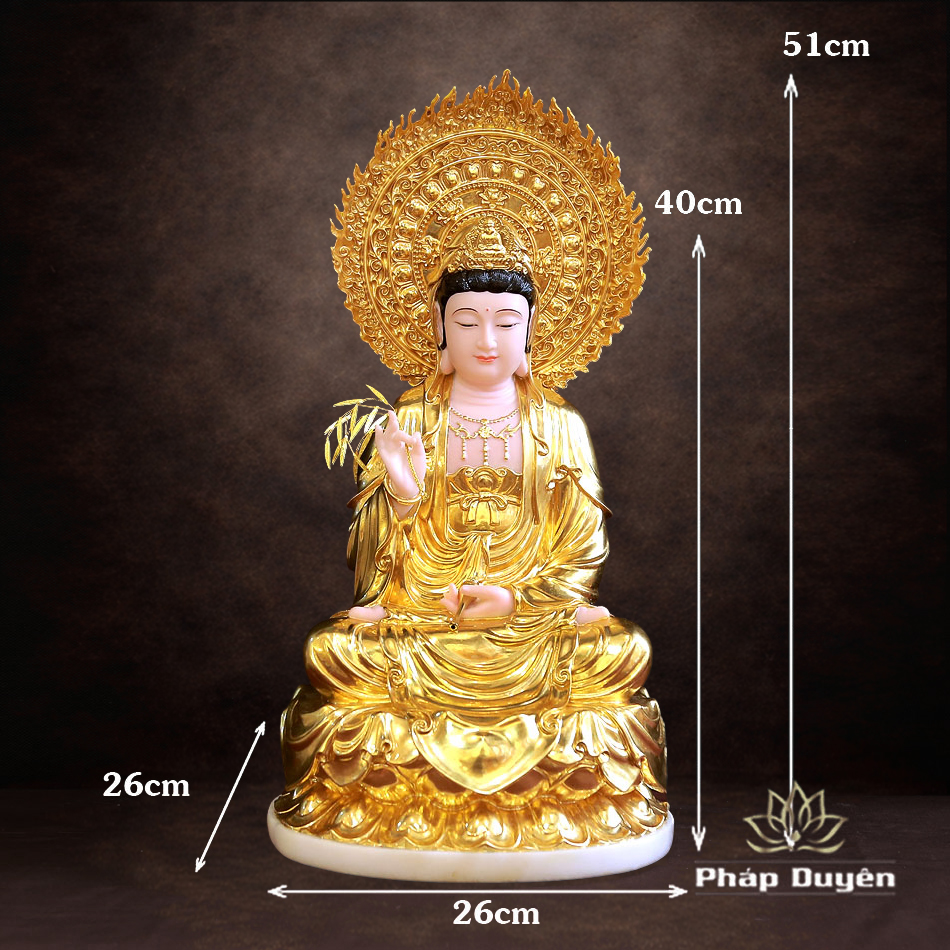 Tượng Quan Âm Bồ Tát Ngồi Đế Sen Bằng Bột Đá Dát Vàng 998, Cao 40cm (Tổng lá đề Cao 51cm) - ảnh 10