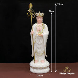 Tượng Địa Tạng Đứng Bằng Bột Đá Trắng Viền Vàng, Cao 66cm, 90cm