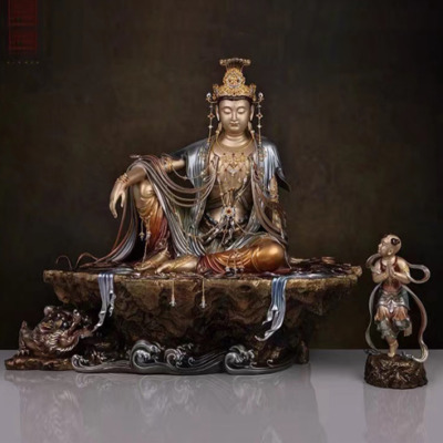 Tượng Quan Âm Đồng Tử Bằng Đồng Mầu Cổ Kim, Cao 48cm