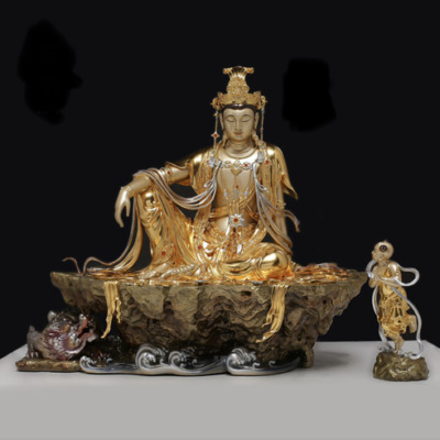 Tượng Quan Âm Đồng Tử Bằng Đồng Dát Vàng, Cao 48cm