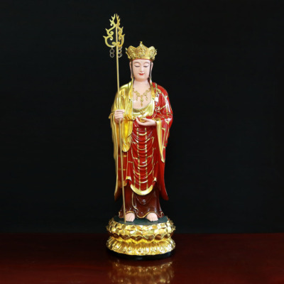 Tượng Địa Tạng Đứng Áo Đỏ Chất Liệu Composite Dát Vàng, Cao 70cm