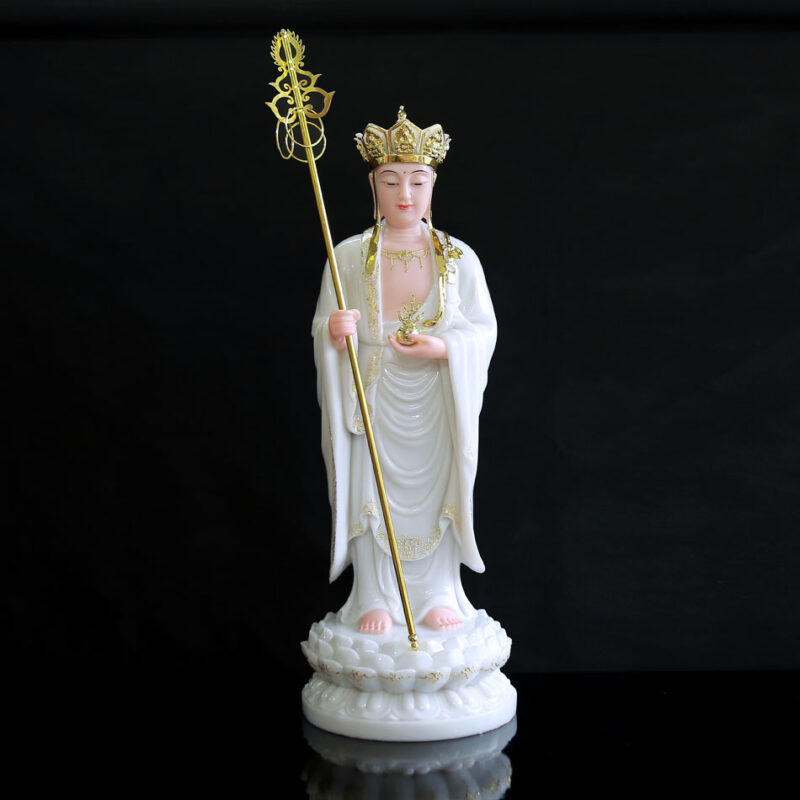 Tượng Địa Tạng Đứng Bằng Bột Đá Trắng Viền Vàng, Cao 66cm, 90cm