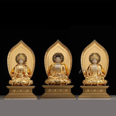 Bộ Tượng Tây Phương Tam Thánh Ngồi Đế Kim Cang Bằng Đồng Đài Loan Dát Vàng, Cao 48cm, 70cm