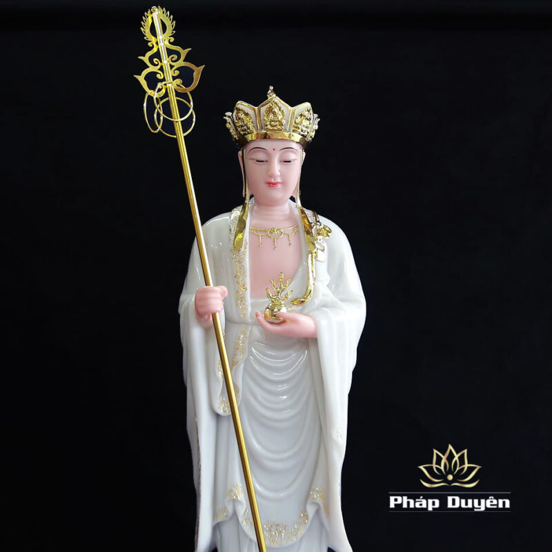 Tượng Địa Tạng Đứng Bằng Bột Đá Trắng Viền Vàng, Cao 66cm, 90cm - Ảnh 4