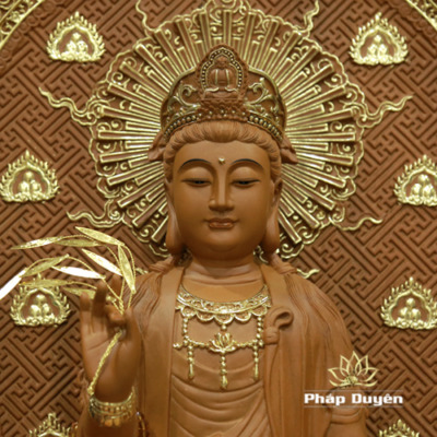 Alternative view of Tượng Quan Âm Ngồi Đài Sen, Gỗ Nguyên Màu, Cao 48cm (Tổng Lá Đề 65cm)