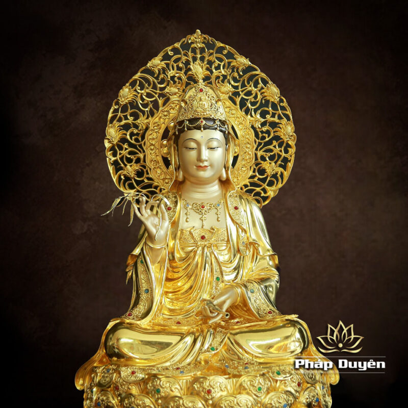 Tượng Quan Âm Ngồi Đài Sen Bằng Đồng Men Cổ Viền Vàng Mẫn Bảo, Cao 66cm (Tổng Lá Đề 77cm) - Ảnh 4