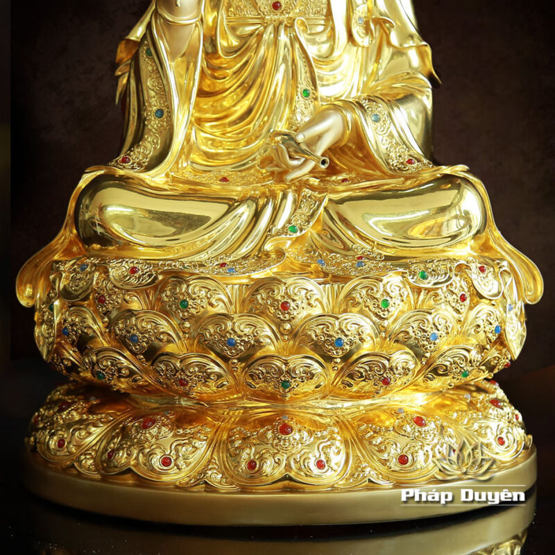 Tượng Quan Âm Ngồi Đài Sen Bằng Đồng Men Cổ Viền Vàng Mẫn Bảo, Cao 66cm (Tổng Lá Đề 77cm) - Ảnh 5