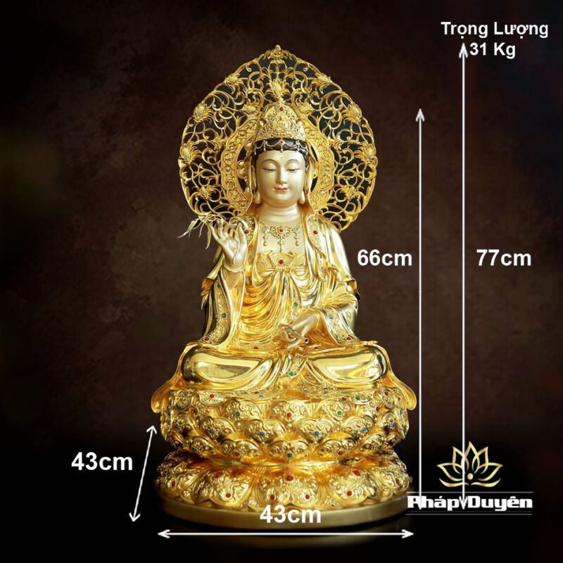 Tượng Quan Âm Ngồi Đài Sen Bằng Đồng Men Cổ Viền Vàng Mẫn Bảo, Cao 66cm (Tổng Lá Đề 77cm) - Ảnh 6