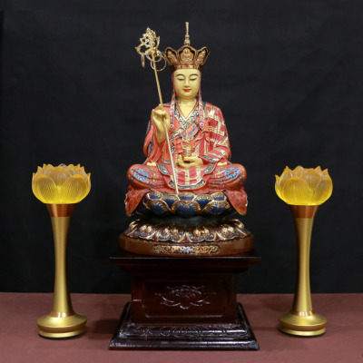 Tượng Địa Tạng Ngồi Đài Sen Vẽ Gấm Bằng Đồng, Cao 40cm