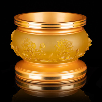 Bát Hương Thanh Liên Lưu Ly Hoa Sen Nổi Miệng Thẳng, Đế Đồng Vàng, Đường Kính Miệng 10inch (25cm)