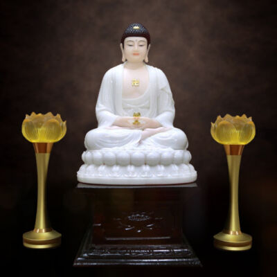 Tượng A Di Đà Ngồi Đài Sen, Bằng Bột Đá Trắng, Cao 36cm