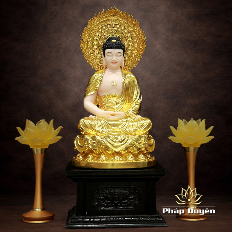Tượng Thích Ca Ngồi Tĩnh Tâm, Bằng Bột Đá Dát Vàng, Cao 40cm - ảnh 10