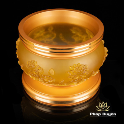 Alternative view of Bát Hương Thanh Liên Lưu Ly Hoa Sen Nổi Miệng Thẳng, Đế Đồng Vàng, Đường Kính Miệng 10inch (25cm)