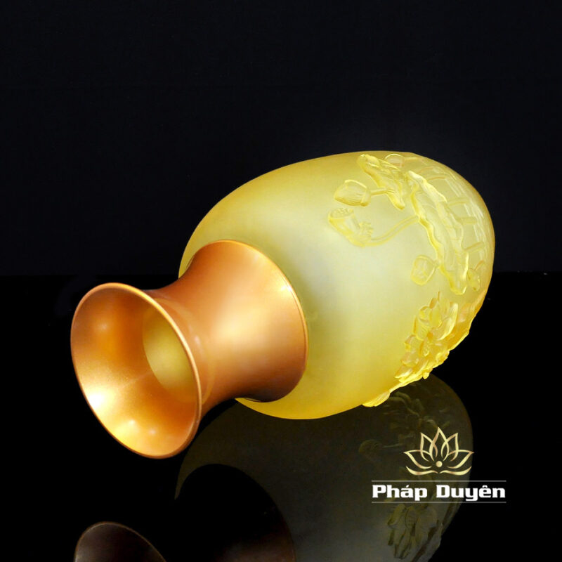 Lọ Hoa Lưu Ly Thanh Liên Miệng Đồng Vàng Hoa Sen Nổi, Cao 30cm - Ảnh 2