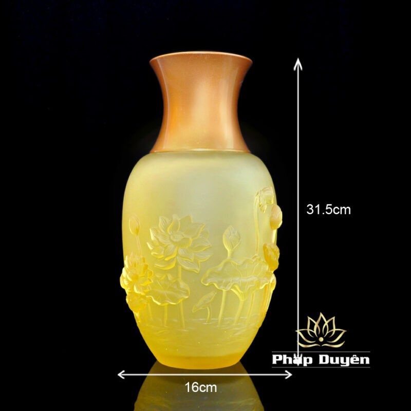 Lọ Hoa Lưu Ly Thanh Liên Miệng Đồng Vàng Hoa Sen Nổi, Cao 30cm - Ảnh 4
