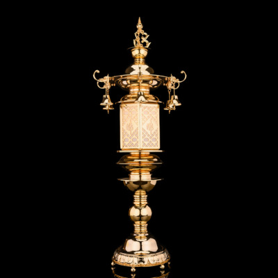 Đèn Đồng Đa Diện Chữ Phật Chóp Bảo Tháp Vàng Bóng, Cao 101cm