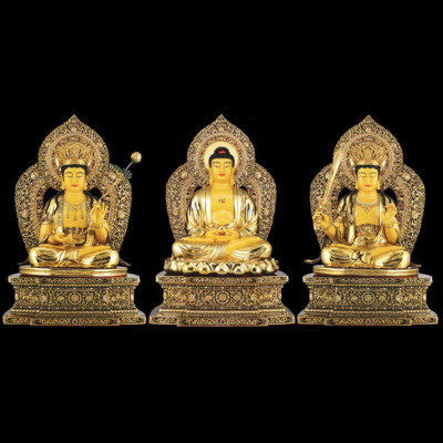 Bộ Tượng Hoa Nghiêm Tam Thánh Bằng Đồng Dát Vàng, Cao 88cm (Tổng Lá Đề Cao 106cm)