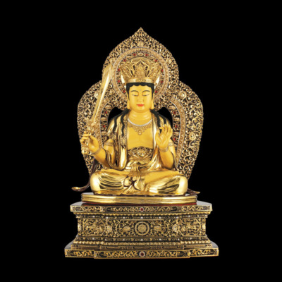 Tượng Văn Thù Bồ Tát Bằng Đồng Dát Vàng cao 88cm ( Tổng Lá Đề 106cm)