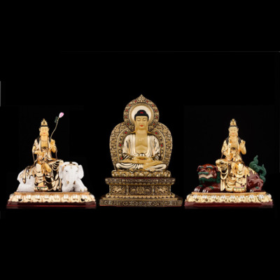 Bộ Tượng Hoa Nghiêm Tam Thánh Bằng Đồng Dát Vàng, Cao 48cm (Tổng Lá Đề Cao 56cm)