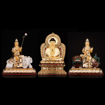 Bộ Tượng Hoa Nghiêm Tam Thánh Bằng Đồng Dát Vàng, Cao 27cm (Tổng Lá Đề Cao 31cm)