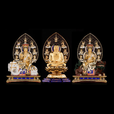 Bộ Tượng Hoa Nghiêm Tam Thánh Bằng Đồng Dát Vàng, Cao 52cm (Tổng Lá Đề Cao 68cm)