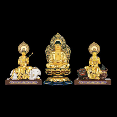 Bộ Tượng Hoa Nghiêm Tam Thánh Bằng Đồng Dát Vàng, Cao128 cm (Tổng Lá Đề Cao 157cm)