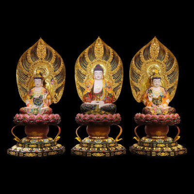 Bộ Tượng Tây Phương Tam Thánh Ngồi Đài Sen Đế Bát Giác, Bằng Đồng Dát Vàng, Cao 128cm (Tổng Lá Đề 175cm)