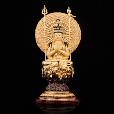 Tượng Thiên Thủ Thiên Nhãn Ngồi Mây Đế Tròn Bằng Đồng Dát Vàng, Kích Thước 20cm x 20cm x 36cm (Tổng Lá Đề 40cm)