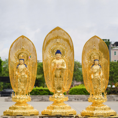 Bộ Tượng Tây Phương Tam Thánh Bằng Đồng Dát Vàng Cao 142cm (Tổng Lá Đề 200cm)