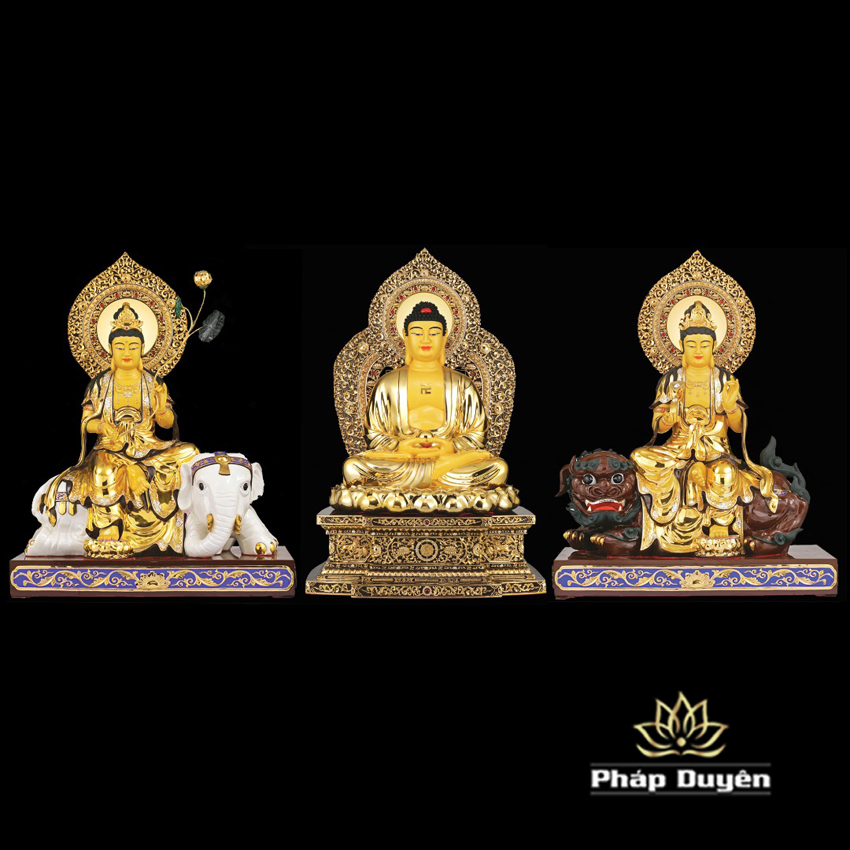 Bộ Tượng Hoa Nghiêm Tam Thánh Bằng Đồng Dát Vàng, Cao 88cm (Tổng Lá Đề Cao 106cm) - ảnh 18