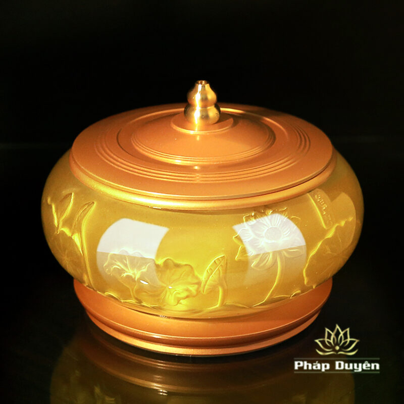 Đèn Dầu Lưu Ly Hà Vận Hoa Sen Chìm Đế Đồng Vàng - Ảnh 3