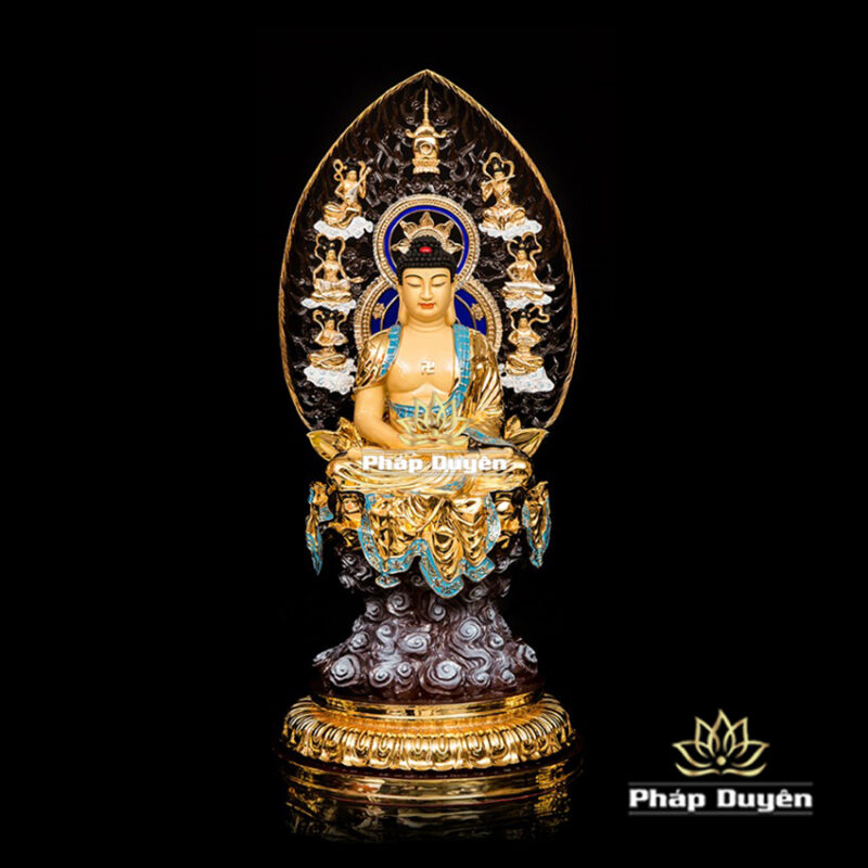Bộ Tượng Hoa Nghiêm Tam Thánh Bằng Đồng Dát Vàng, Cao 68cm (Tổng Lá Đề 90cm) - Ảnh 2