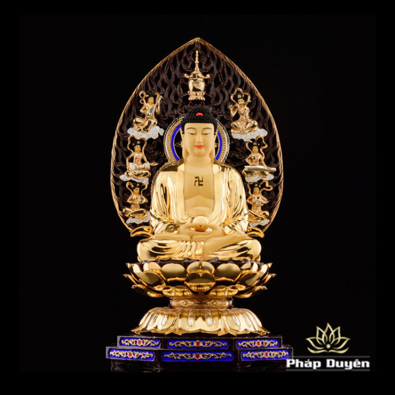 Bộ Tượng Hoa Nghiêm Tam Thánh Bằng Đồng Dát Vàng, Cao 52cm (Tổng Lá Đề Cao 68cm) - Ảnh 2