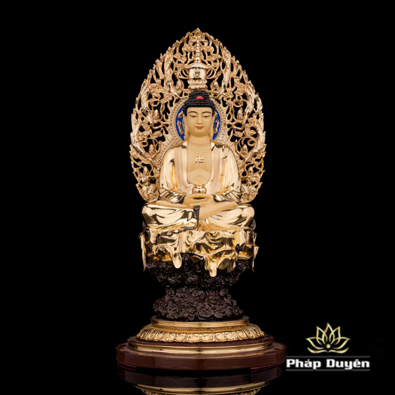 Bộ Tượng Hoa Nghiêm Tam Thánh Bằng Đồng Dát Vàng, Cao 33cm (Tổng Lá Đề Cao 40cm) - Ảnh 2